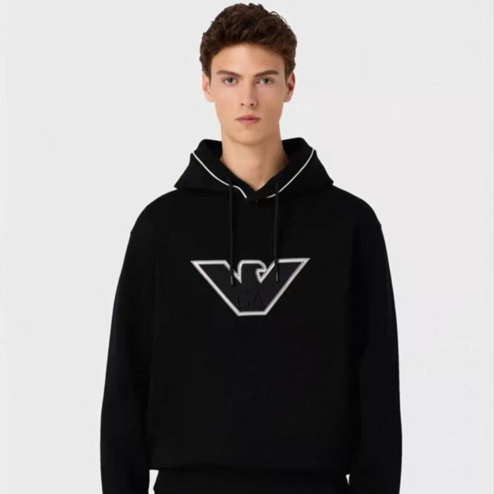 Emporio Armani Men's Double Jersey Hooded Sweatshirt with Eagle Embroidery
